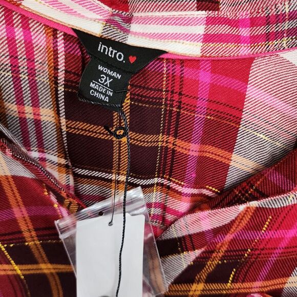 Intro. NWT Plaid Shirt Womens 3X Pink Black Rayon Flannel Button Up Tunic Top - Picture 8 of 10